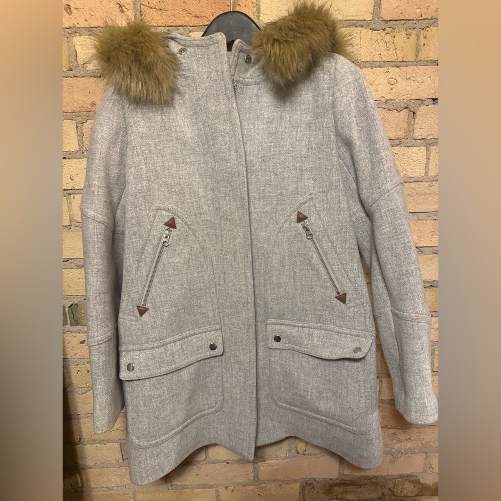 J. Crew Gray Chateau Parka in Italian Stadium Cloth with Faux Fur Collar